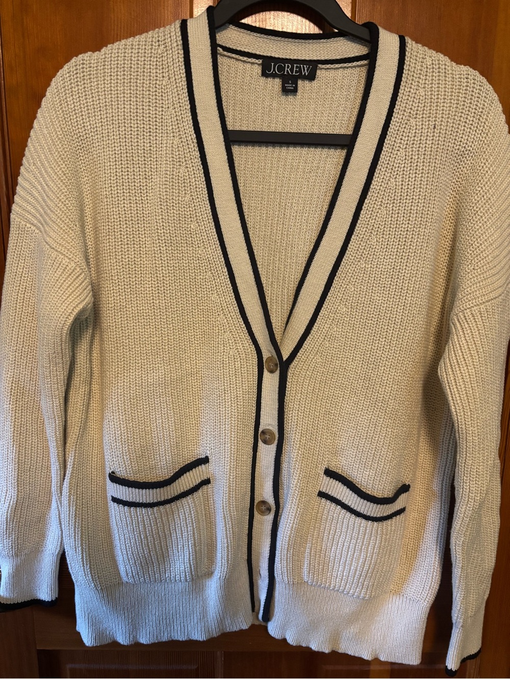 J. Crew Cream Cardigan with Black Contrast Trim